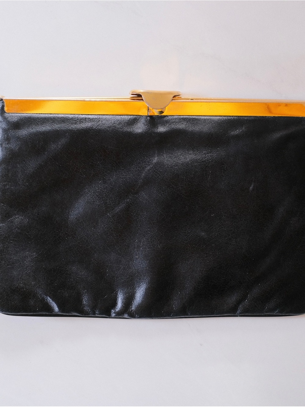 Vintage Black Leather Frame Clutch with Brass Hardware